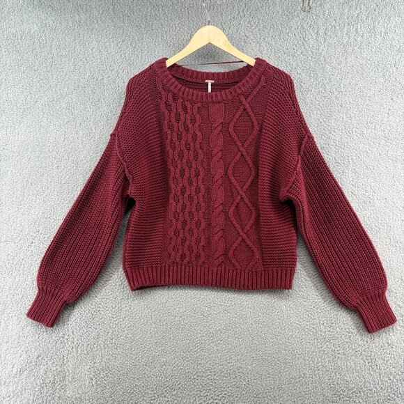 Free People Dream Cable Knit Crewneck Sweater Cabernet Burgundy Red Size XS - Picture 2 of 9